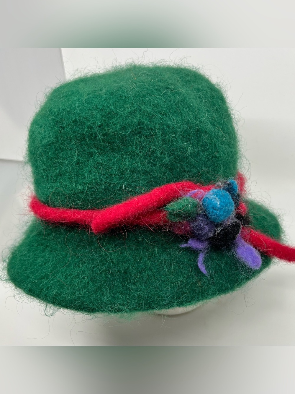 Felted Knit Bowler Hat in a vibrant green wool with a colorful red trim